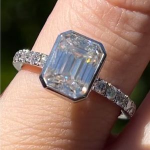 2 carat Emerald cut Moissanite with pave band 975 platinum plate Sterling Silver